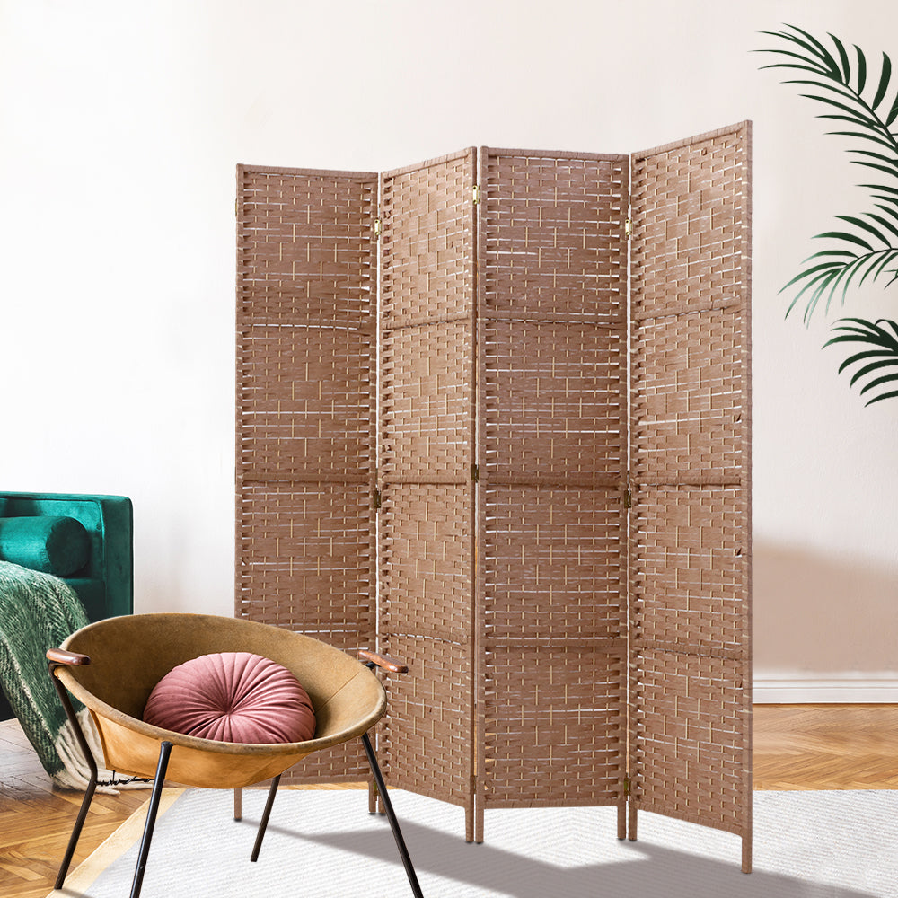 4 Panel Rattan Woven Room Divider Privacy Screen - Natural - Homecoze