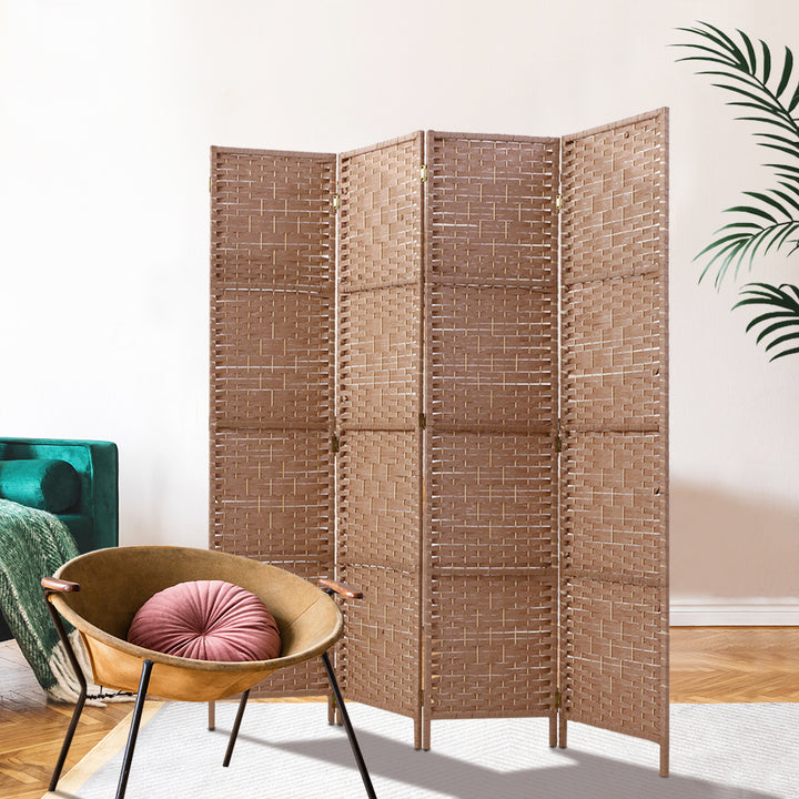 4 Panel Rattan Woven Room Divider Privacy Screen - Natural - Homecoze