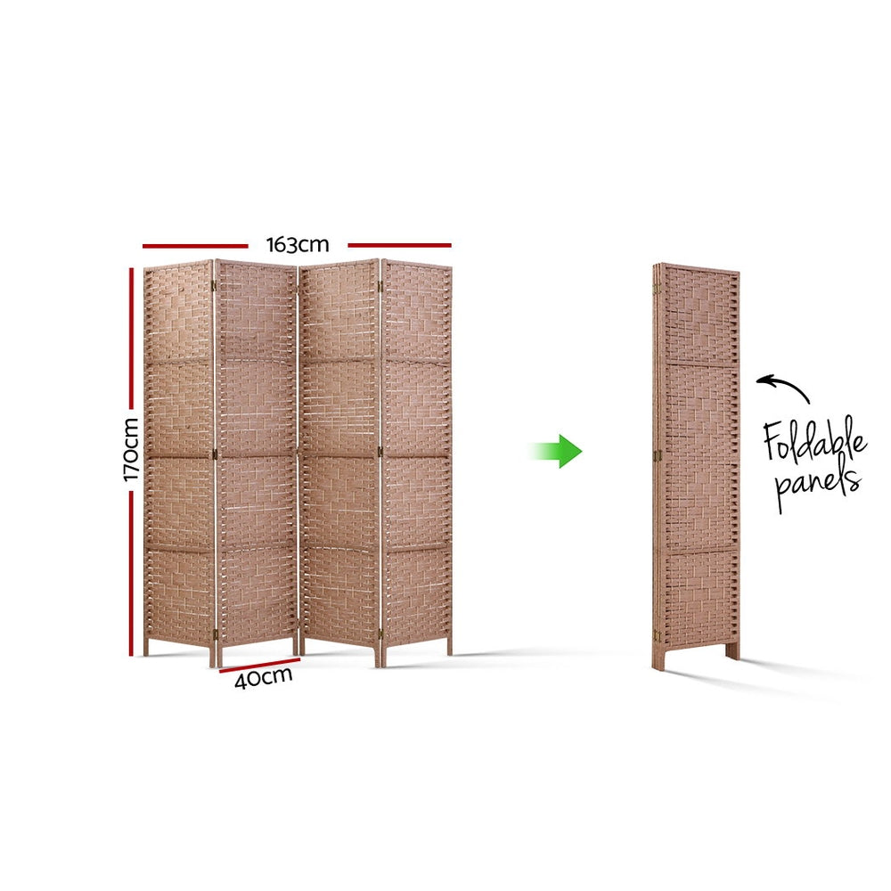 4 Panel Rattan Woven Room Divider Privacy Screen - Natural - Homecoze