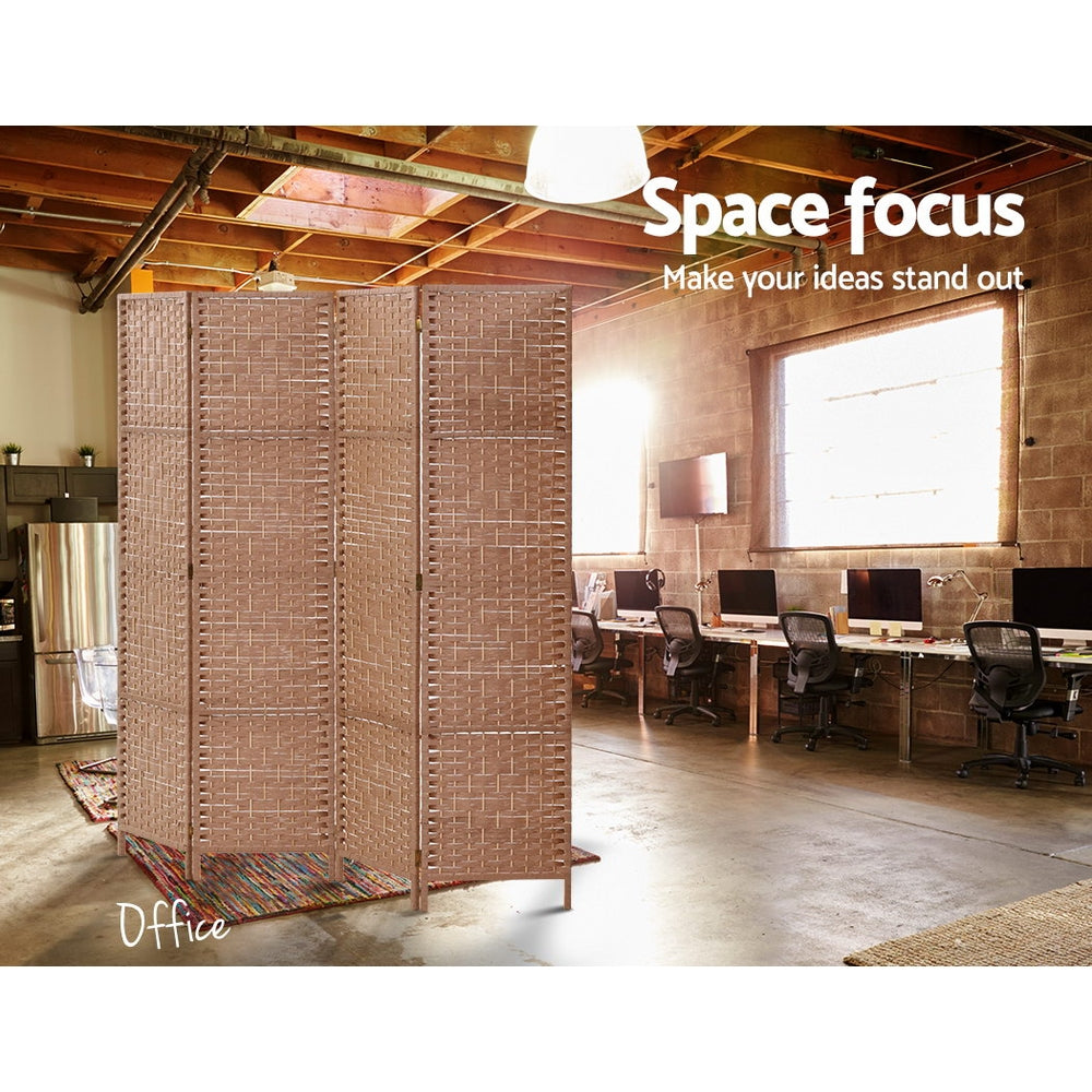 4 Panel Rattan Woven Room Divider Privacy Screen - Natural - Homecoze