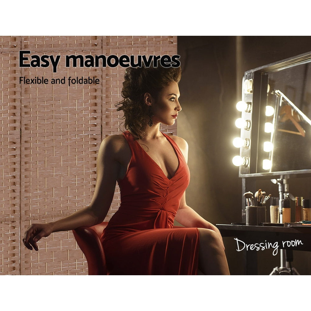 4 Panel Rattan Woven Room Divider Privacy Screen - Natural - Homecoze