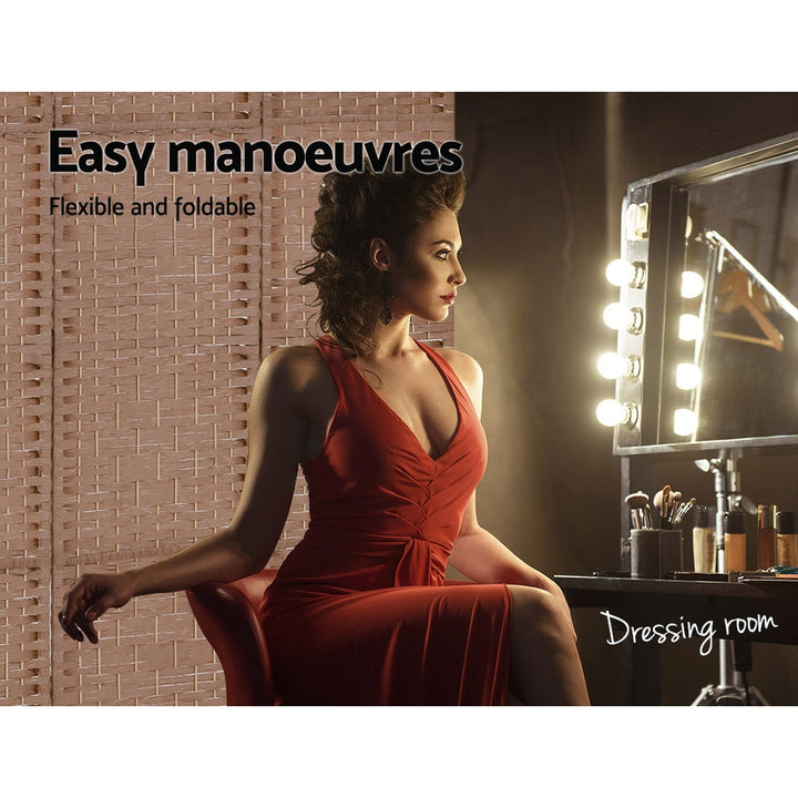 4 Panel Rattan Woven Room Divider Privacy Screen - Natural - Homecoze