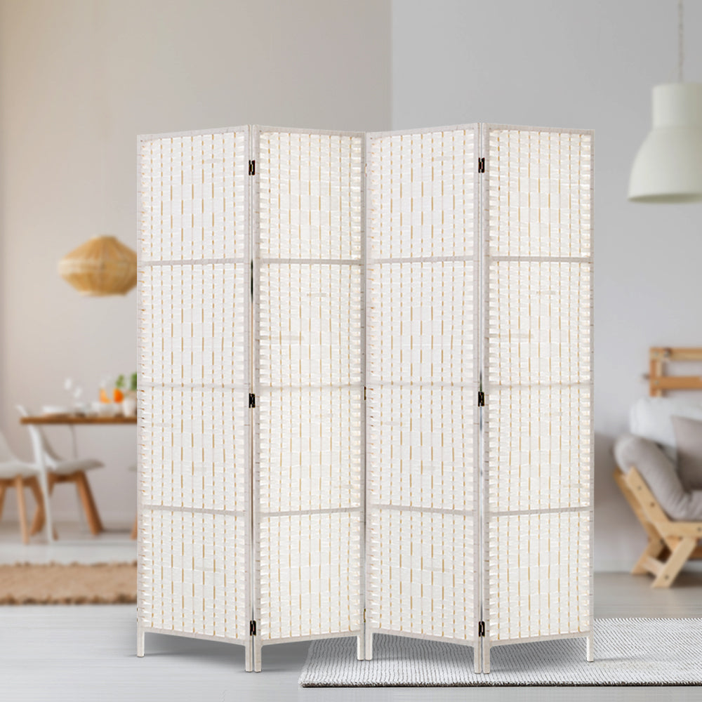 4 Panel Rattan Woven Room Divider Privacy Screen - White - Homecoze
