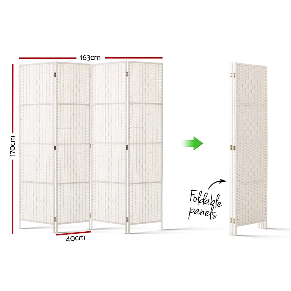 4 Panel Rattan Woven Room Divider Privacy Screen - White - Homecoze
