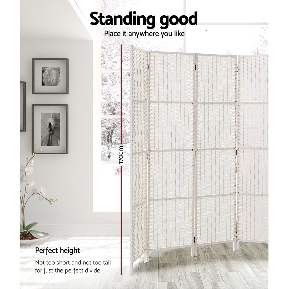 4 Panel Rattan Woven Room Divider Privacy Screen - White - Homecoze