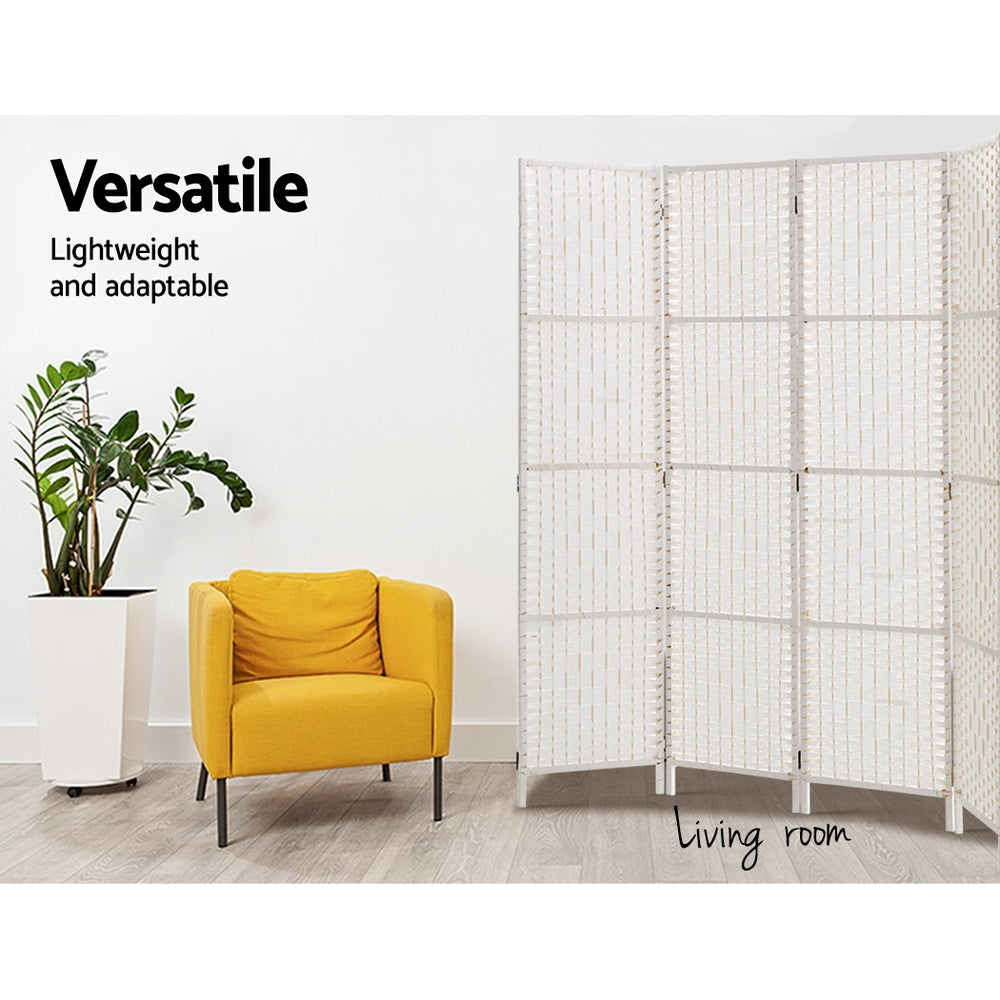 4 Panel Rattan Woven Room Divider Privacy Screen - White - Homecoze