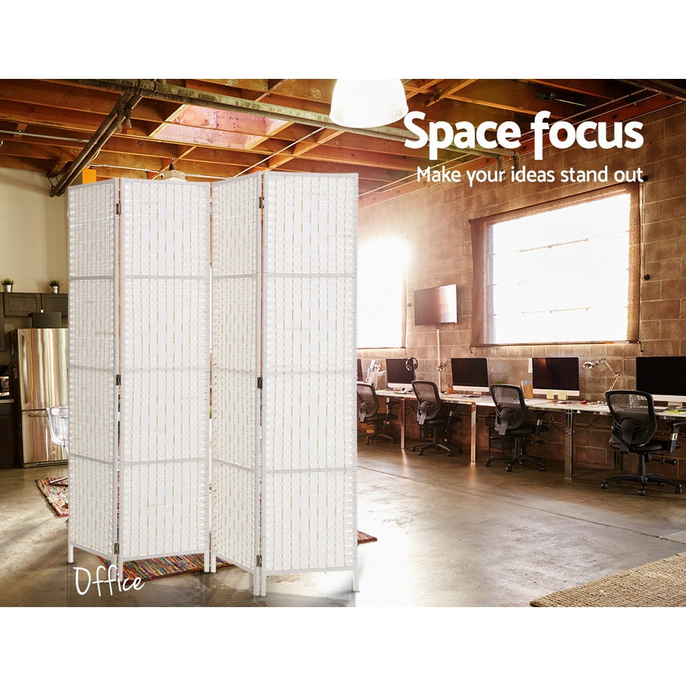 4 Panel Rattan Woven Room Divider Privacy Screen - White - Homecoze