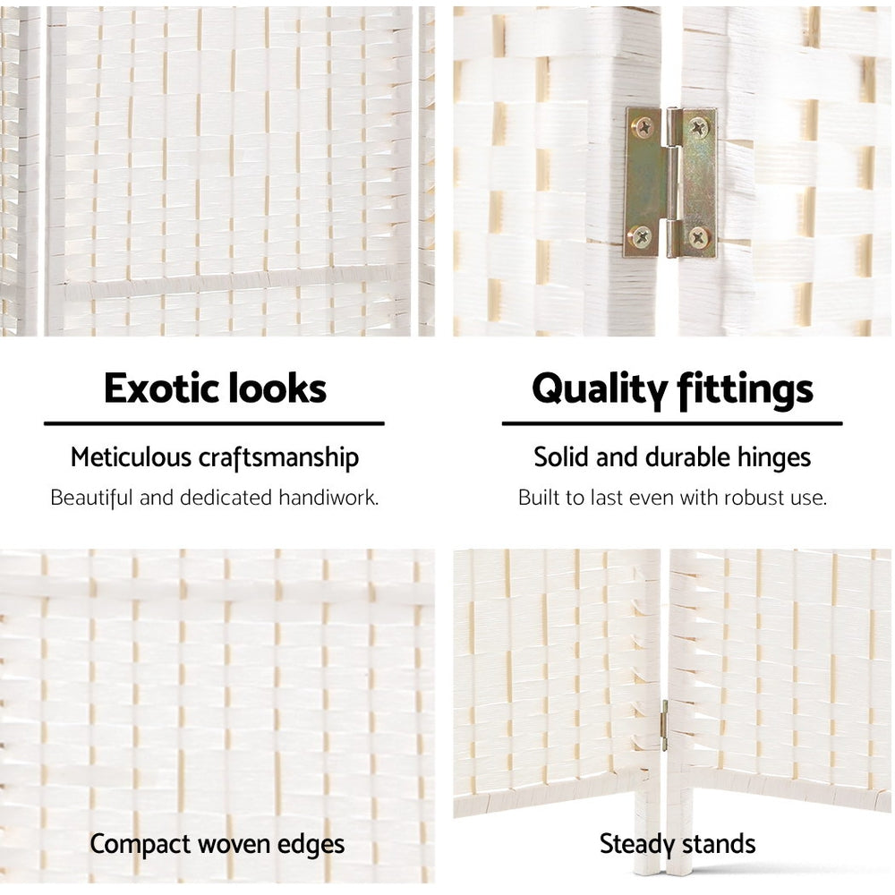 4 Panel Rattan Woven Room Divider Privacy Screen - White - Homecoze