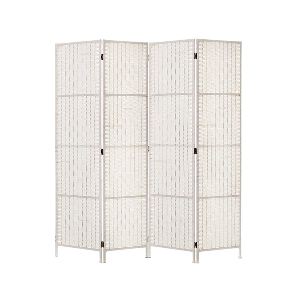 4 Panel Rattan Woven Room Divider Privacy Screen - White - Homecoze
