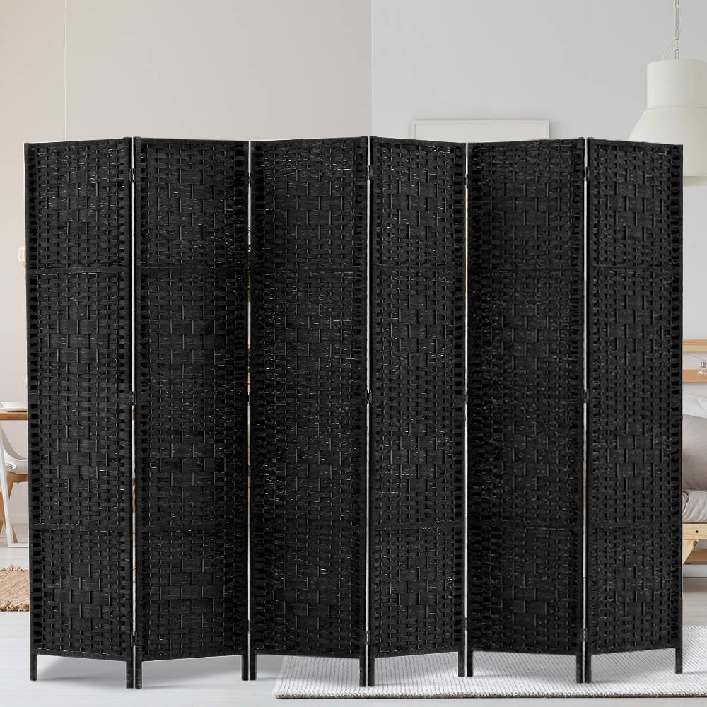 6 Panel Rattan Woven Room Divider Privacy Screen - Black - Homecoze