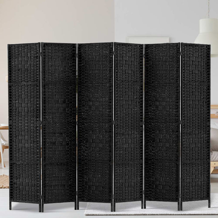 6 Panel Rattan Woven Room Divider Privacy Screen - Black - Homecoze