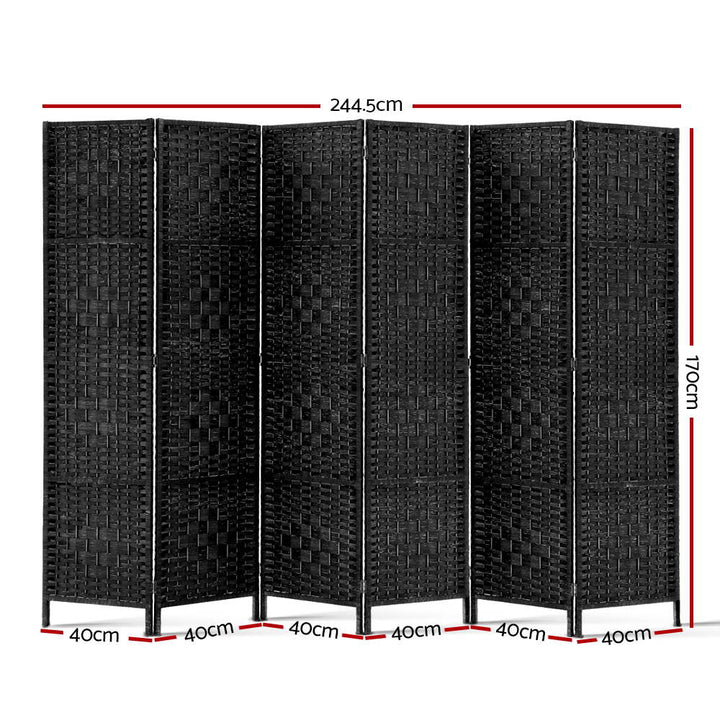 6 Panel Rattan Woven Room Divider Privacy Screen - Black - Homecoze