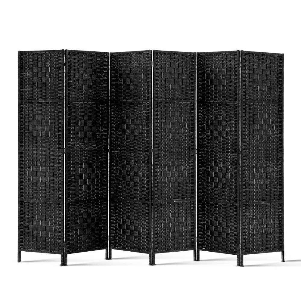 6 Panel Rattan Woven Room Divider Privacy Screen - Black - Homecoze