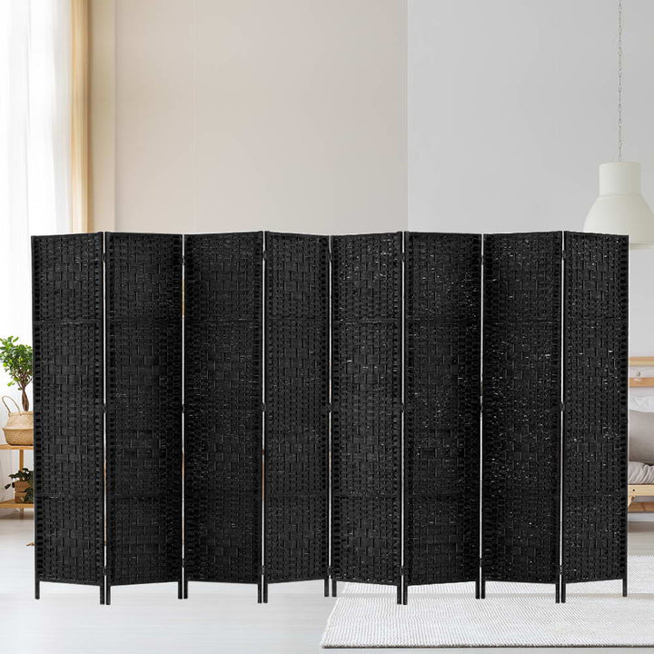 8 Panel Rattan Woven Room Divider Privacy Screen - Black - Homecoze