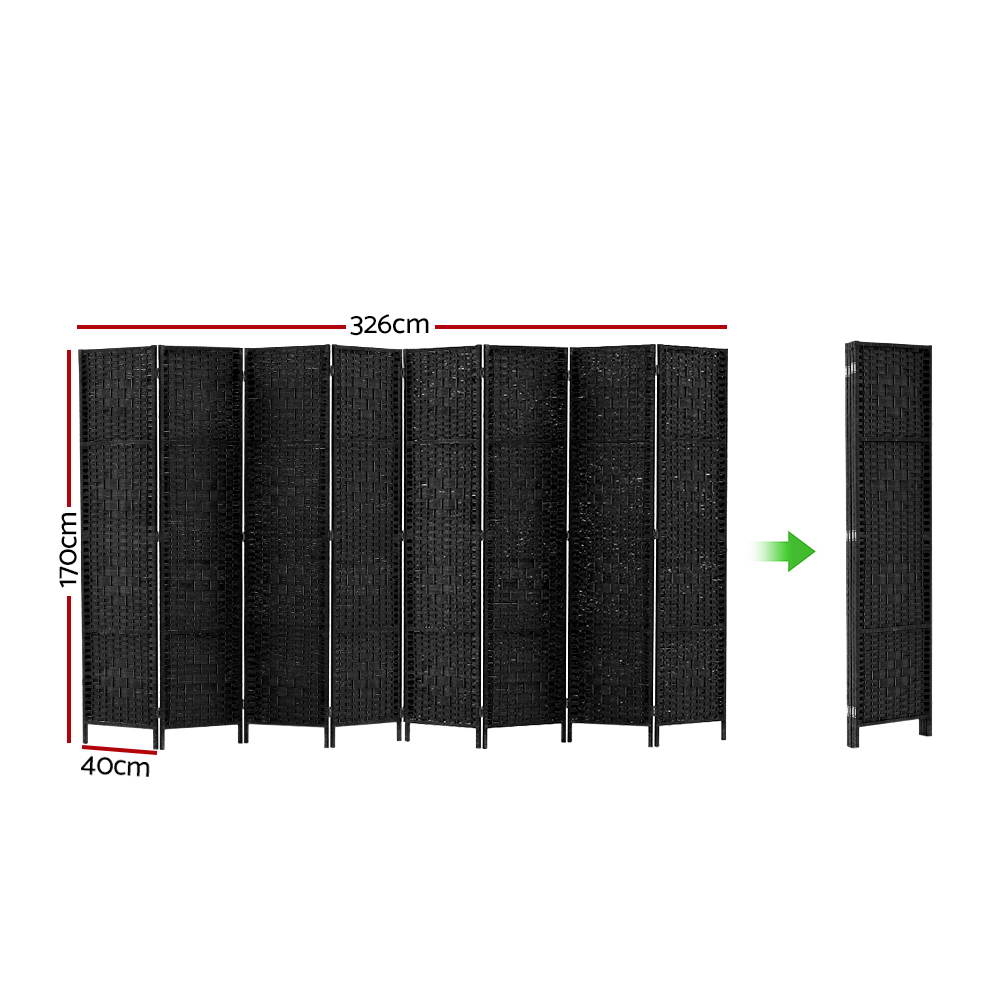 8 Panel Rattan Woven Room Divider Privacy Screen - Black - Homecoze