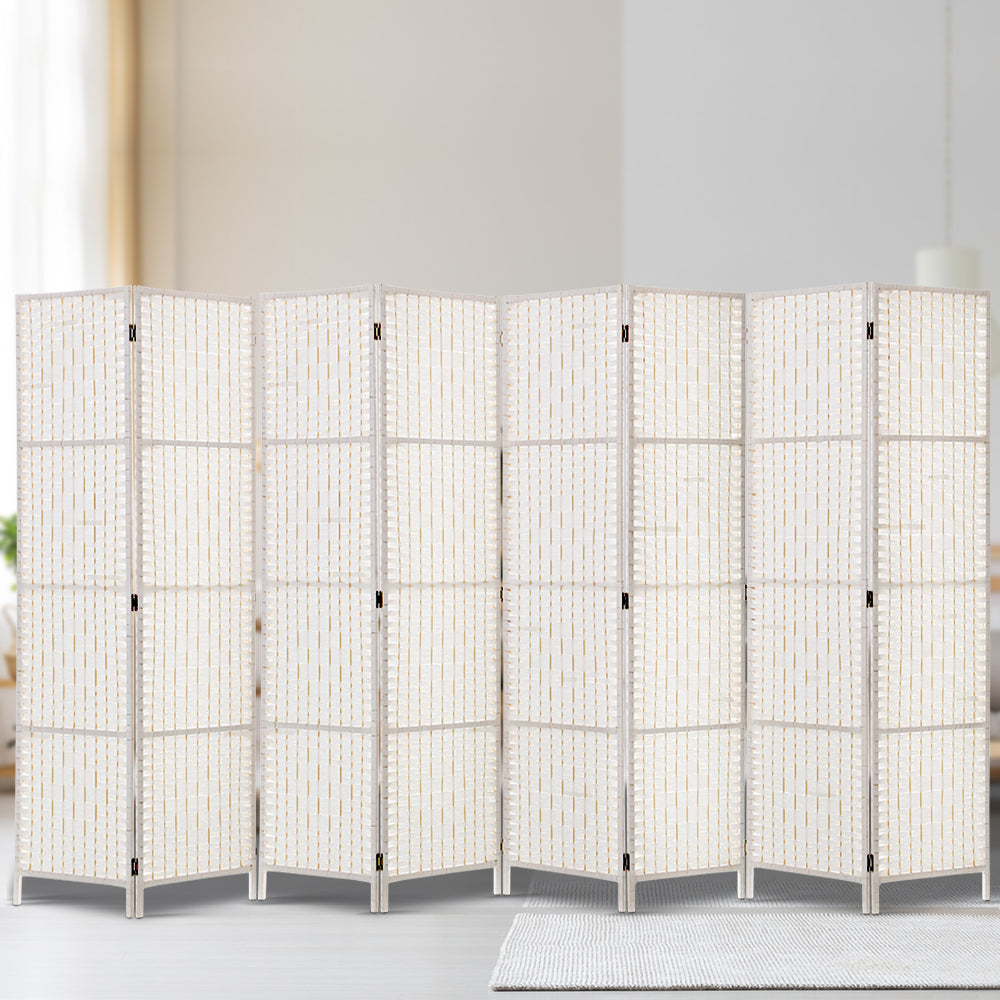 8 Panel Rattan Woven Room Divider Privacy Screen - White - Homecoze