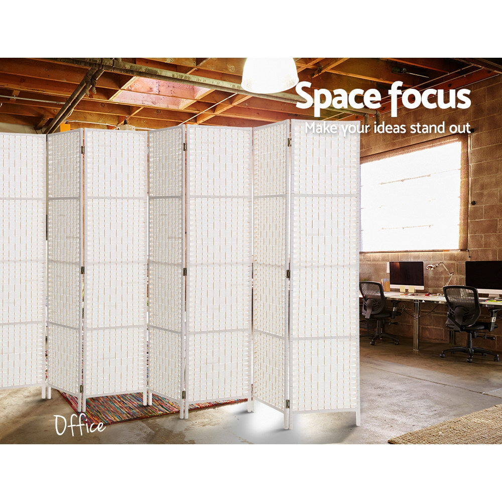 8 Panel Rattan Woven Room Divider Privacy Screen - White - Homecoze