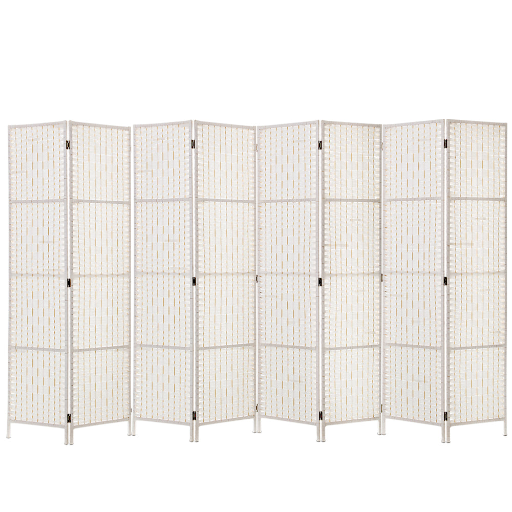 8 Panel Rattan Woven Room Divider Privacy Screen - White - Homecoze