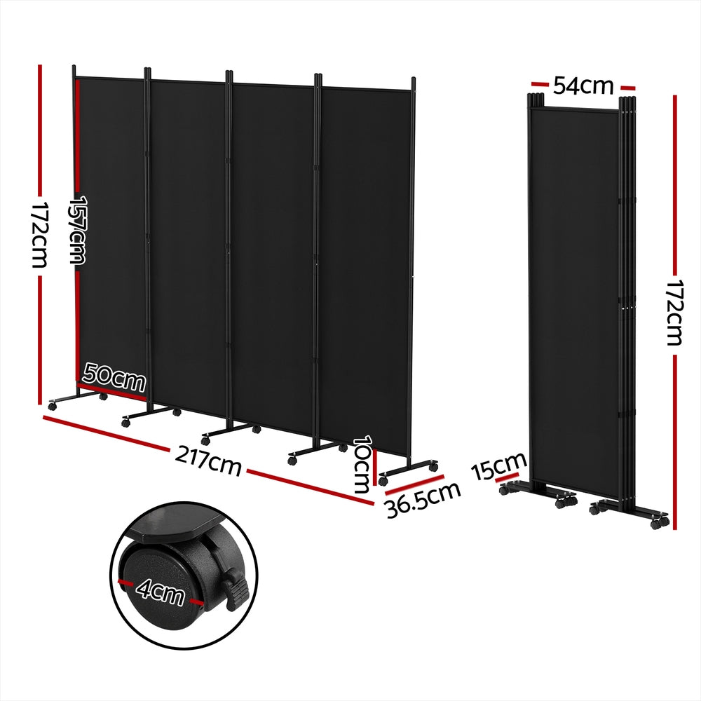 4 Panel Room Divider Partition with Wheels 217cm - Black