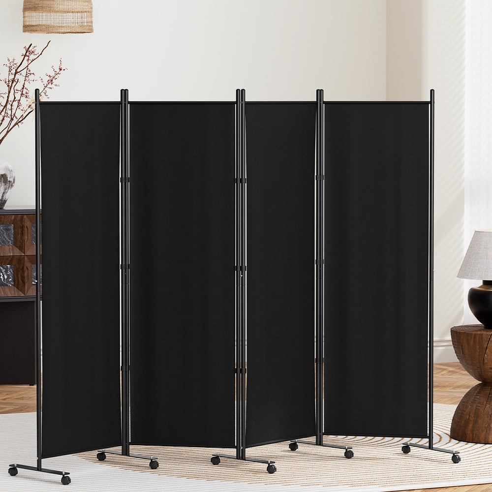 4 Panel Room Divider Partition with Wheels 217cm - Black