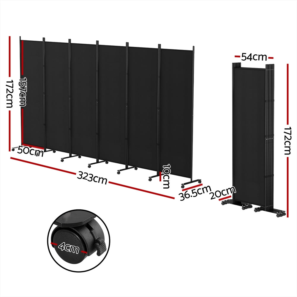 6 Panel Room Divider Partition with Wheels 323cm - Black - Homecoze