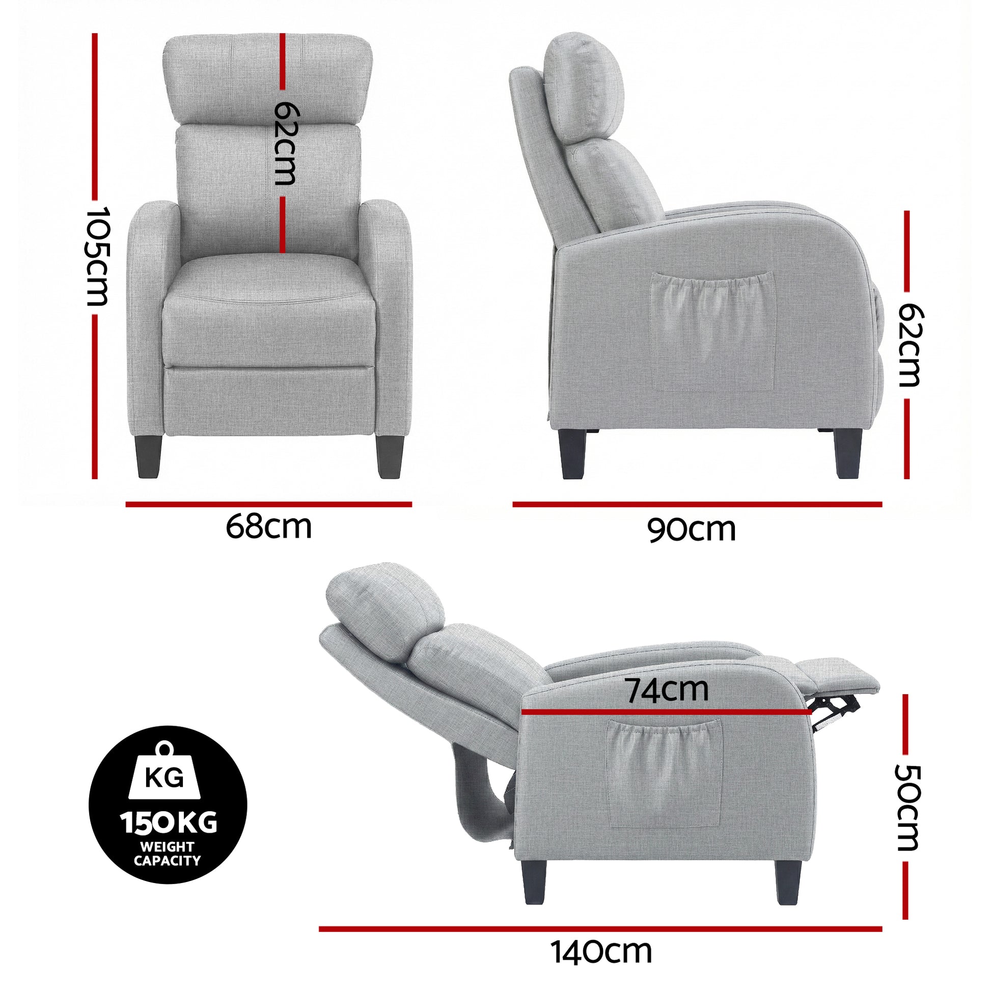 Artiss Massage Recliner Chair Small Recliner Sofa for Adults Fabric Grey - Homecoze