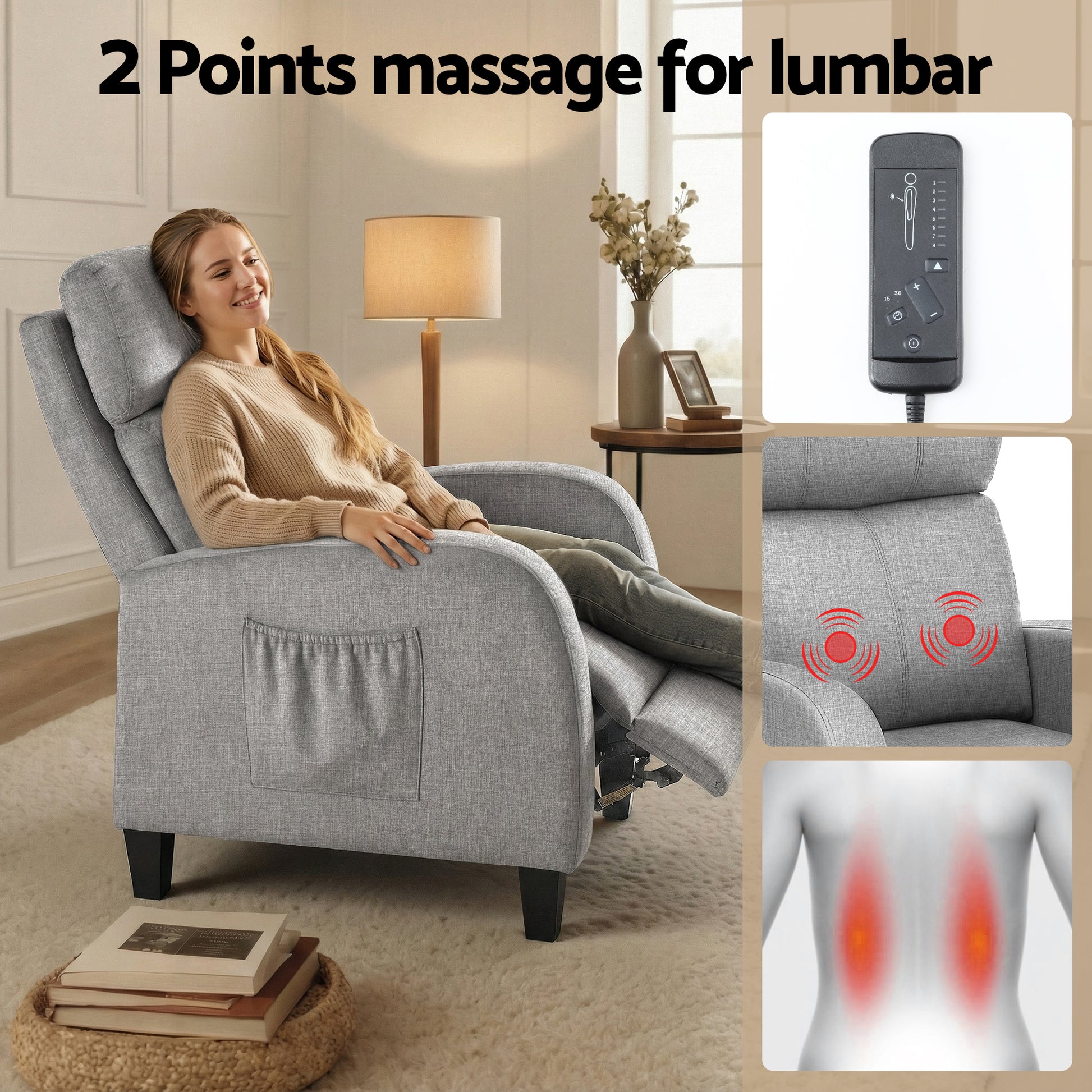 Artiss Massage Recliner Chair Small Recliner Sofa for Adults Fabric Grey - Homecoze