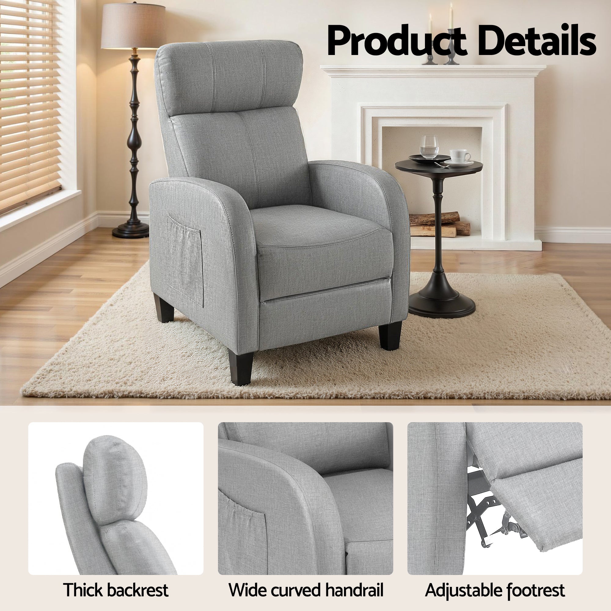 Artiss Massage Recliner Chair Small Recliner Sofa for Adults Fabric Grey - Homecoze