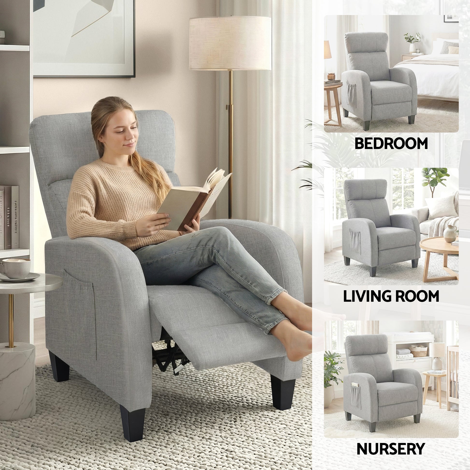 Artiss Massage Recliner Chair Small Recliner Sofa for Adults Fabric Grey - Homecoze