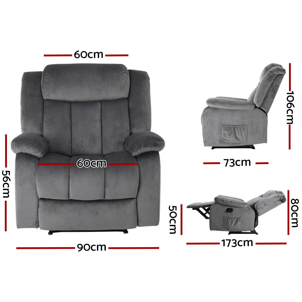Velvet Recliner Armchair with Heated Massage - Grey - Homecoze