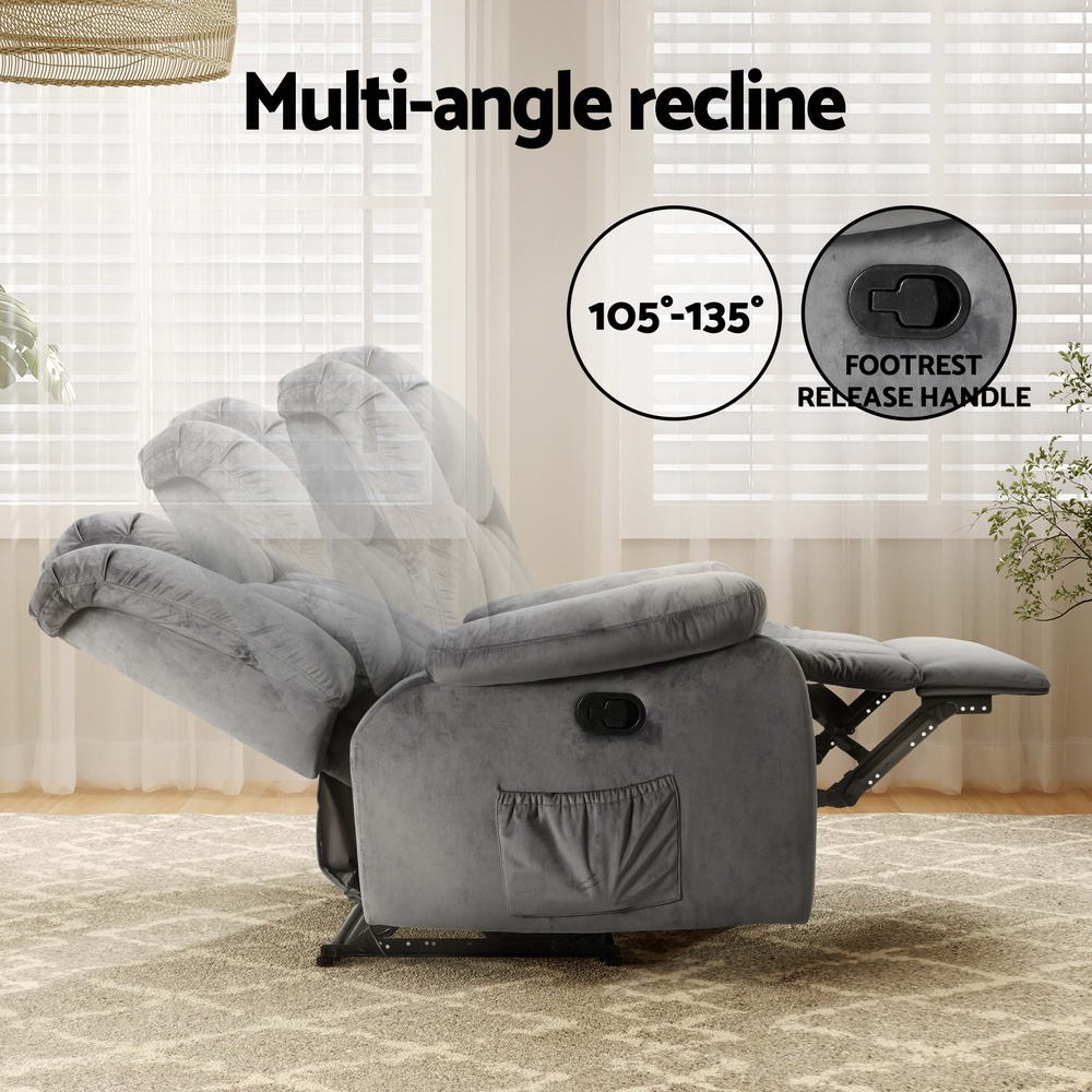 Velvet Recliner Armchair with Heated Massage - Grey