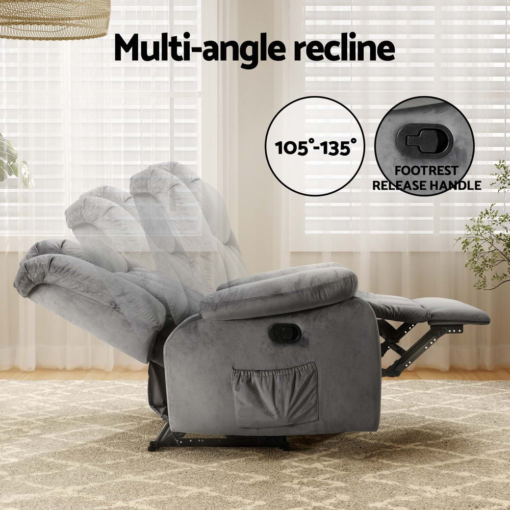Velvet Recliner Armchair with Heated Massage - Grey - Homecoze