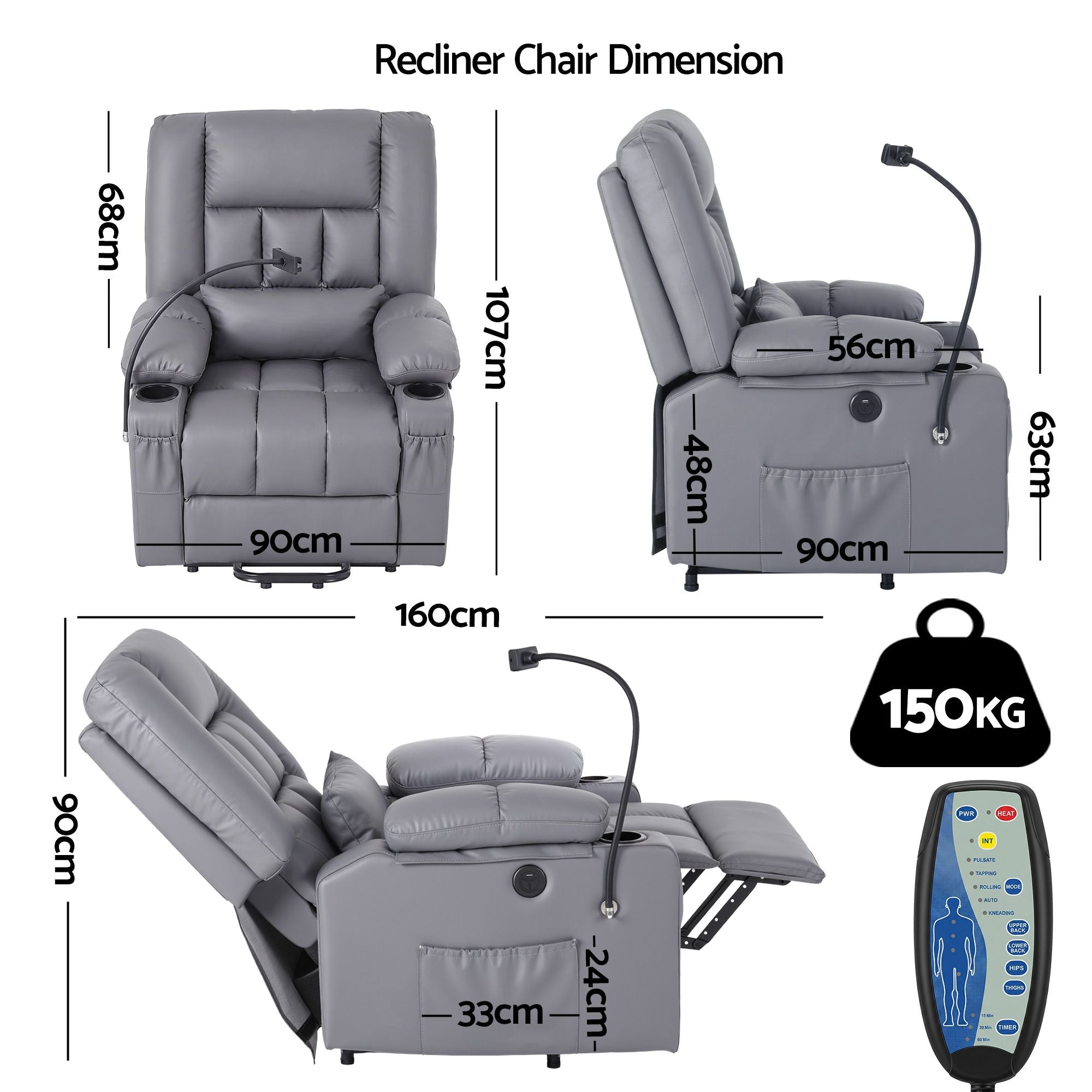 Artiss Power Lift Recliner Chair with Massage and Heat for Elderly, Electric Sofa Reclining Chair with USB and Phone Holder, PU Leather Comfy Armchair for Living Room, 2 Cup Holder & 4 Pockets, Grey - Homecoze