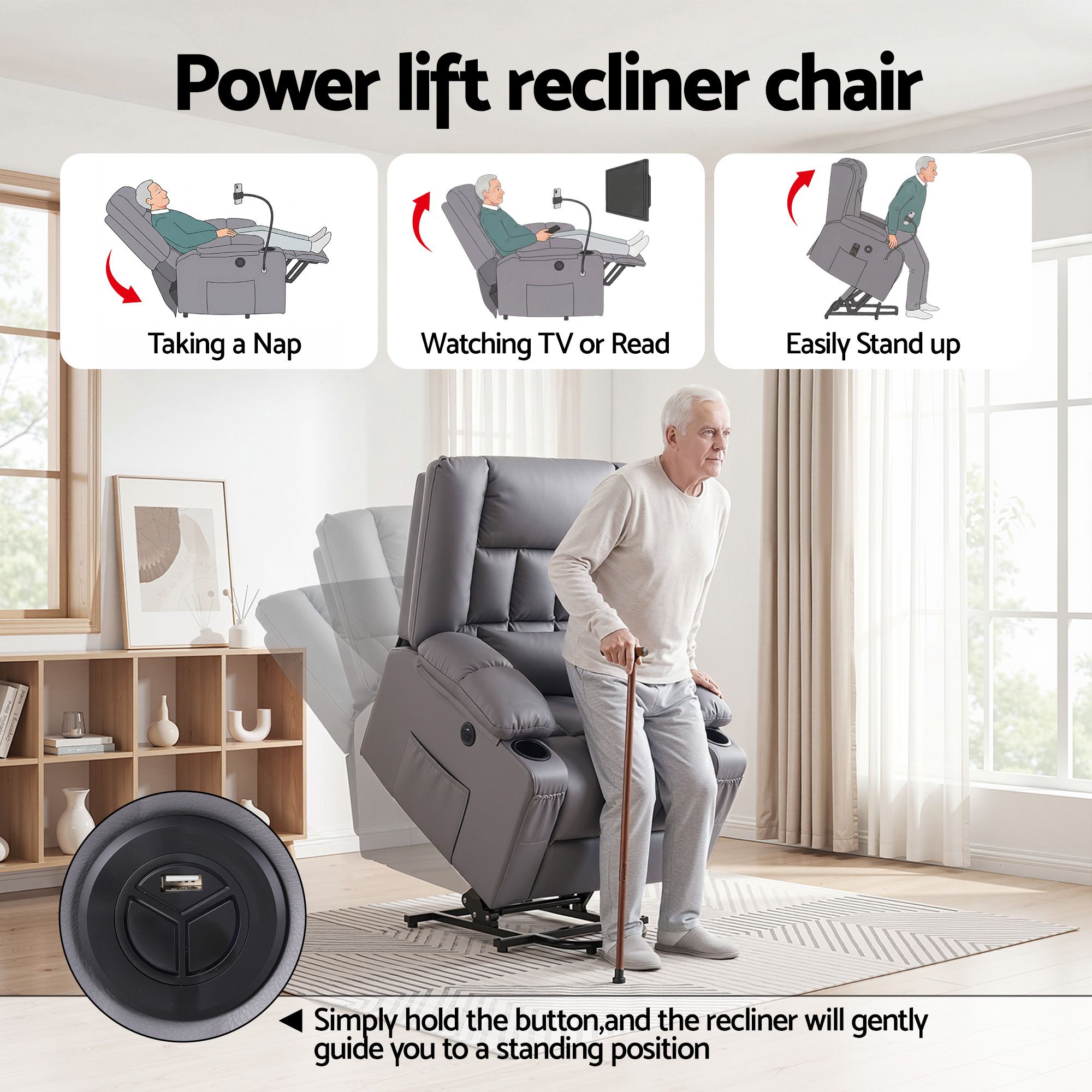 Artiss Power Lift Recliner Chair with Massage and Heat for Elderly, Electric Sofa Reclining Chair with USB and Phone Holder, PU Leather Comfy Armchair for Living Room, 2 Cup Holder & 4 Pockets, Grey - Homecoze