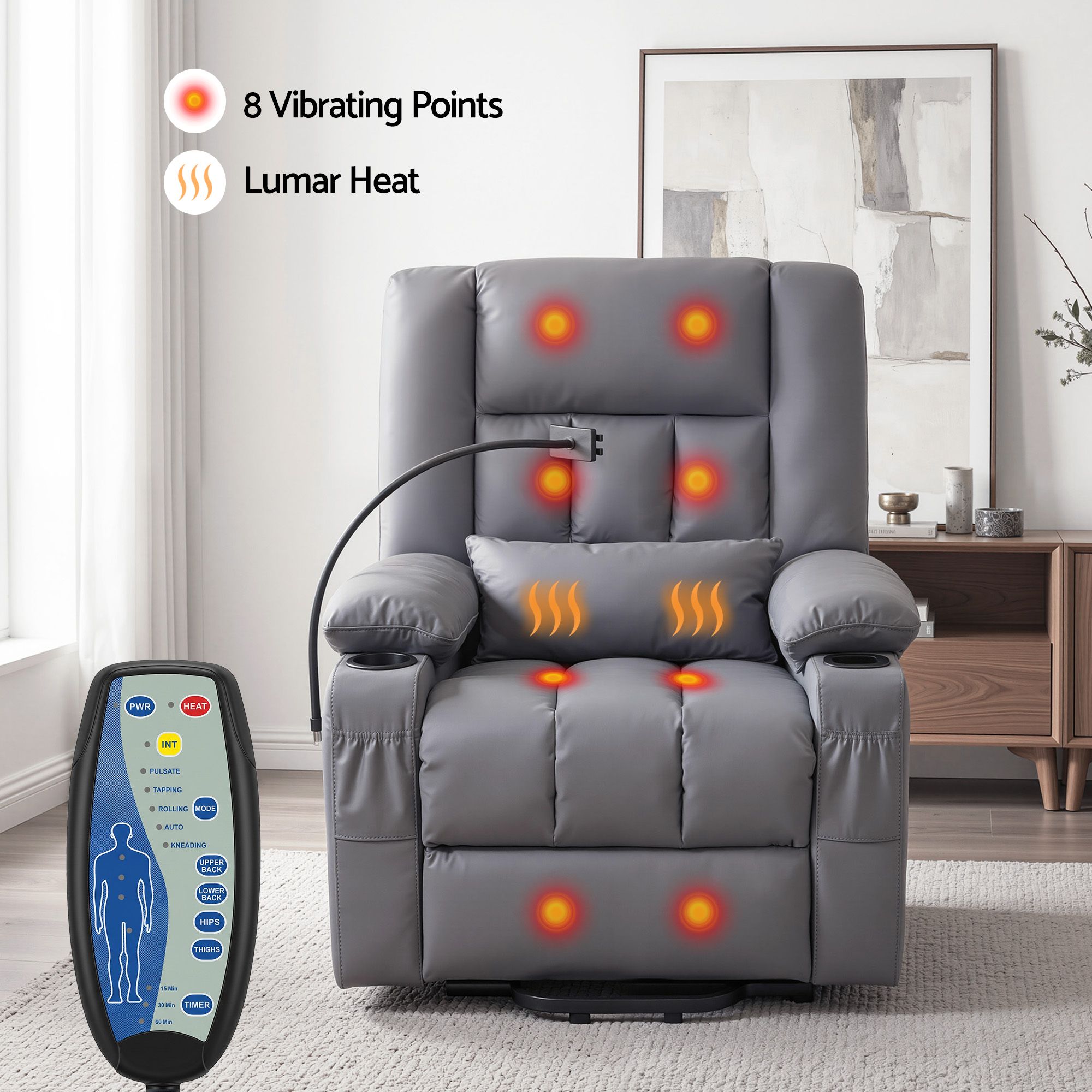 Artiss Power Lift Recliner Chair with Massage and Heat for Elderly, Electric Sofa Reclining Chair with USB and Phone Holder, PU Leather Comfy Armchair for Living Room, 2 Cup Holder & 4 Pockets, Grey - Homecoze