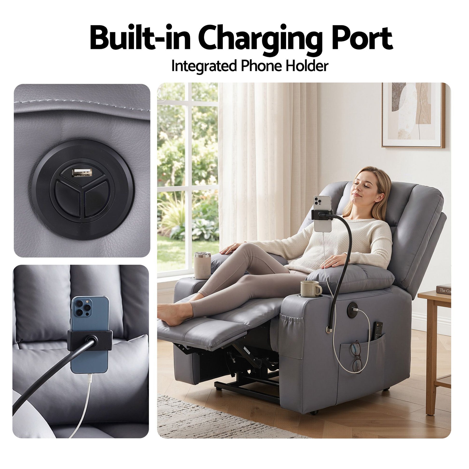 Artiss Power Lift Recliner Chair with Massage and Heat for Elderly, Electric Sofa Reclining Chair with USB and Phone Holder, PU Leather Comfy Armchair for Living Room, 2 Cup Holder & 4 Pockets, Grey - Homecoze