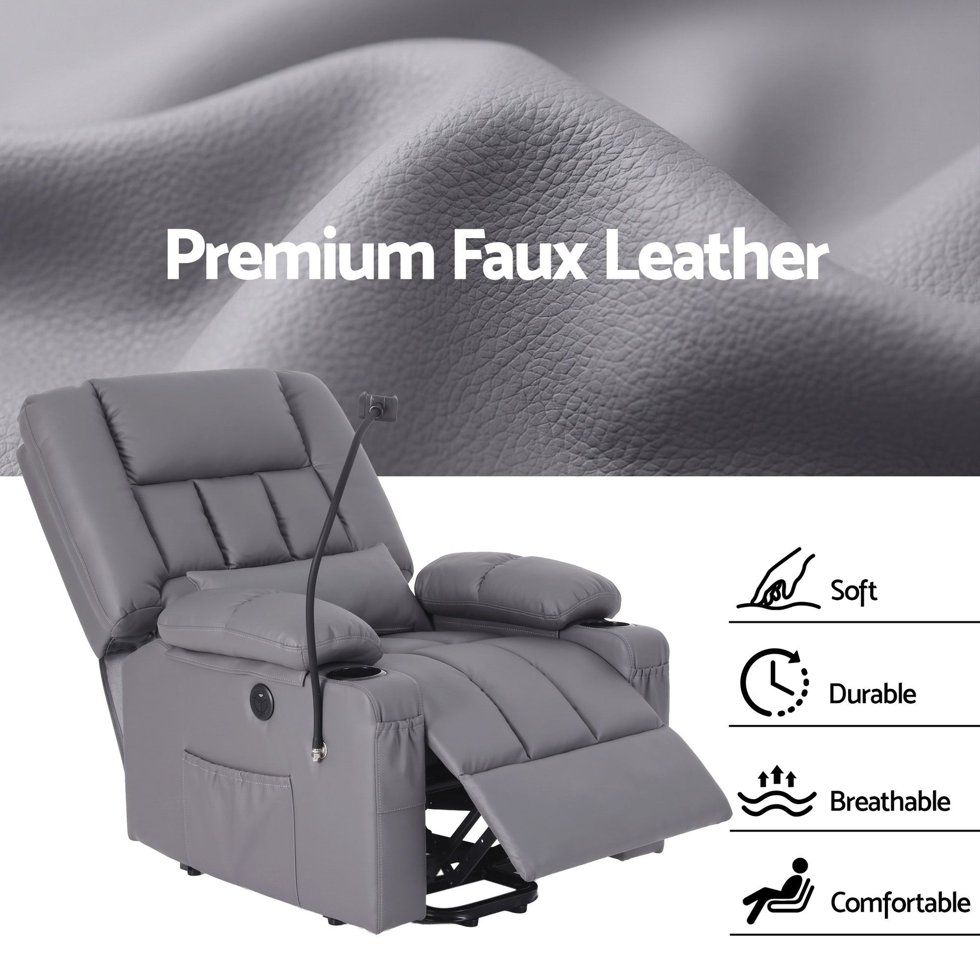 Artiss Power Lift Recliner Chair with Massage and Heat for Elderly, Electric Sofa Reclining Chair with USB and Phone Holder, PU Leather Comfy Armchair for Living Room, 2 Cup Holder & 4 Pockets, Grey - Homecoze