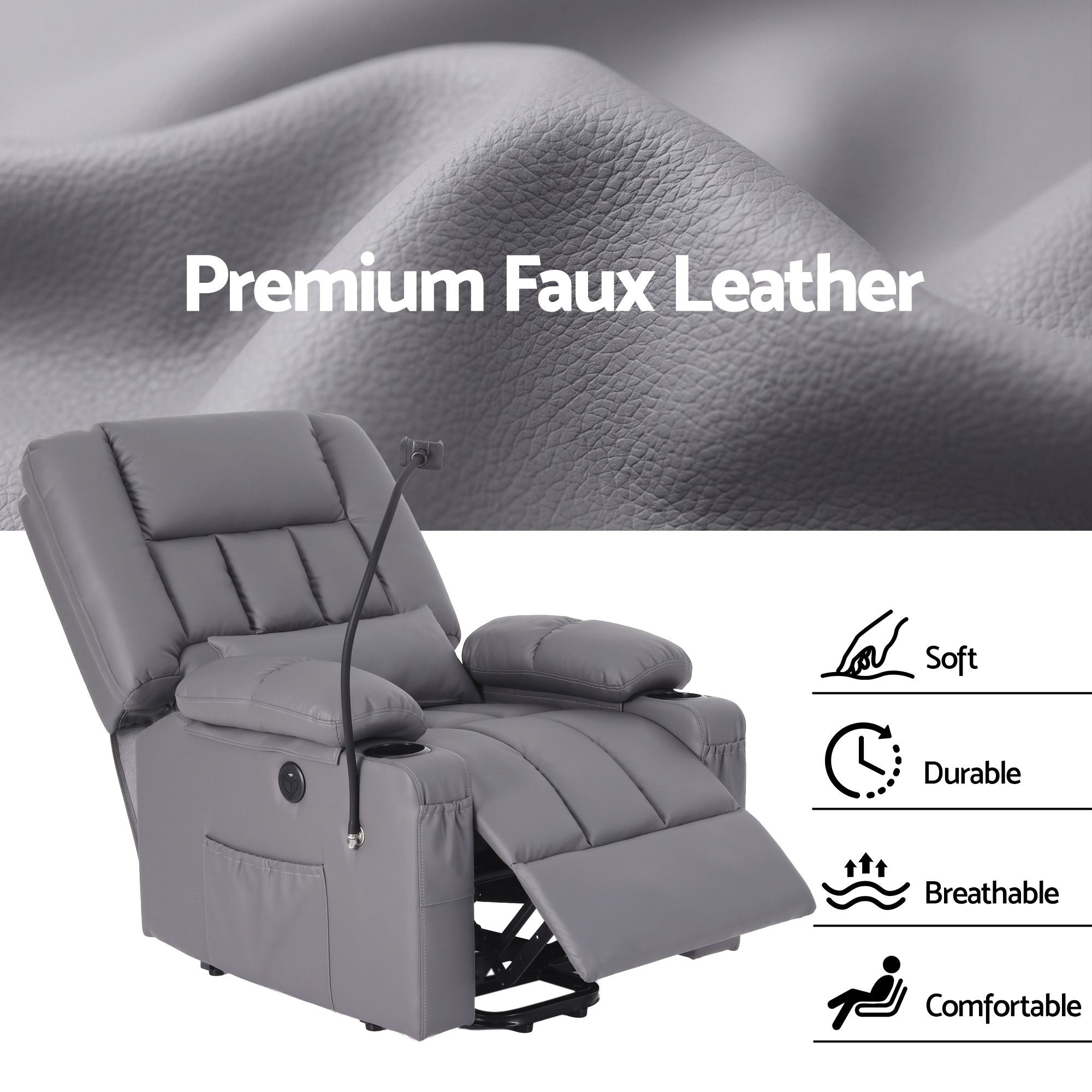 Artiss Power Lift Recliner Chair with Massage and Heat for Elderly, Electric Sofa Reclining Chair with USB and Phone Holder, PU Leather Comfy Armchair for Living Room, 2 Cup Holder & 4 Pockets, Grey - Homecoze