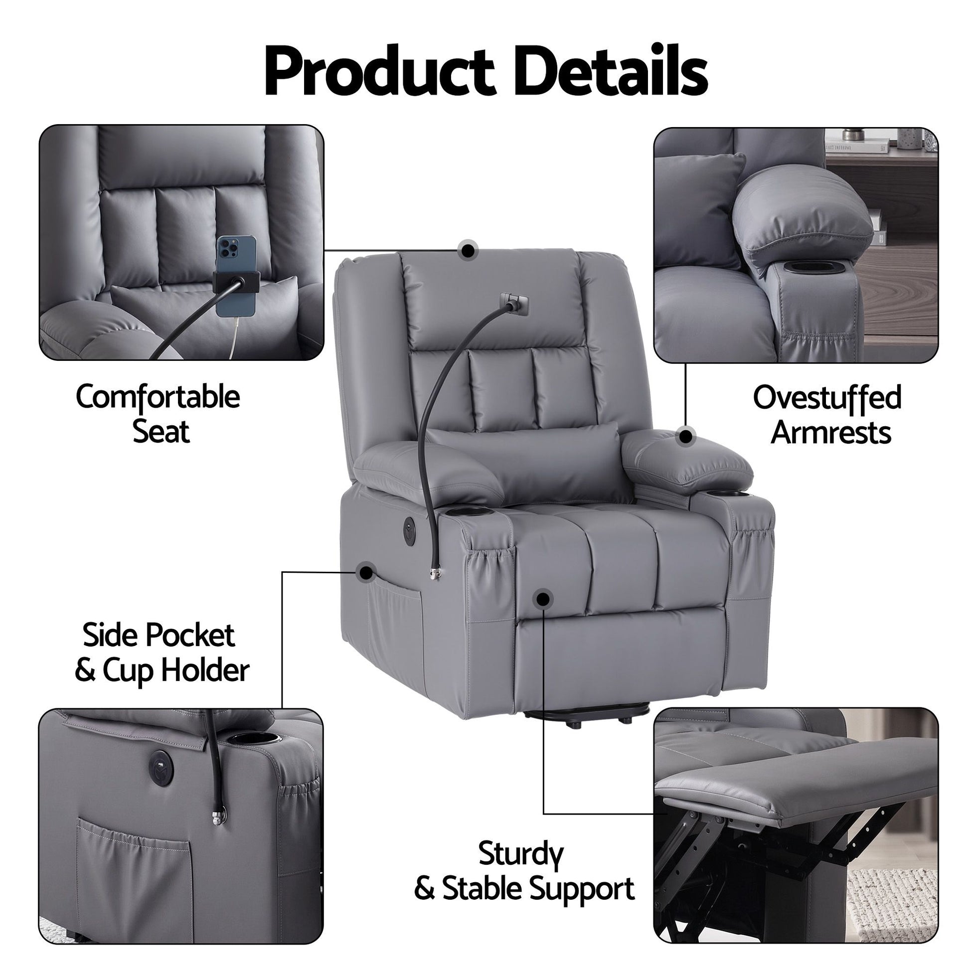 Artiss Power Lift Recliner Chair with Massage and Heat for Elderly, Electric Sofa Reclining Chair with USB and Phone Holder, PU Leather Comfy Armchair for Living Room, 2 Cup Holder & 4 Pockets, Grey - Homecoze