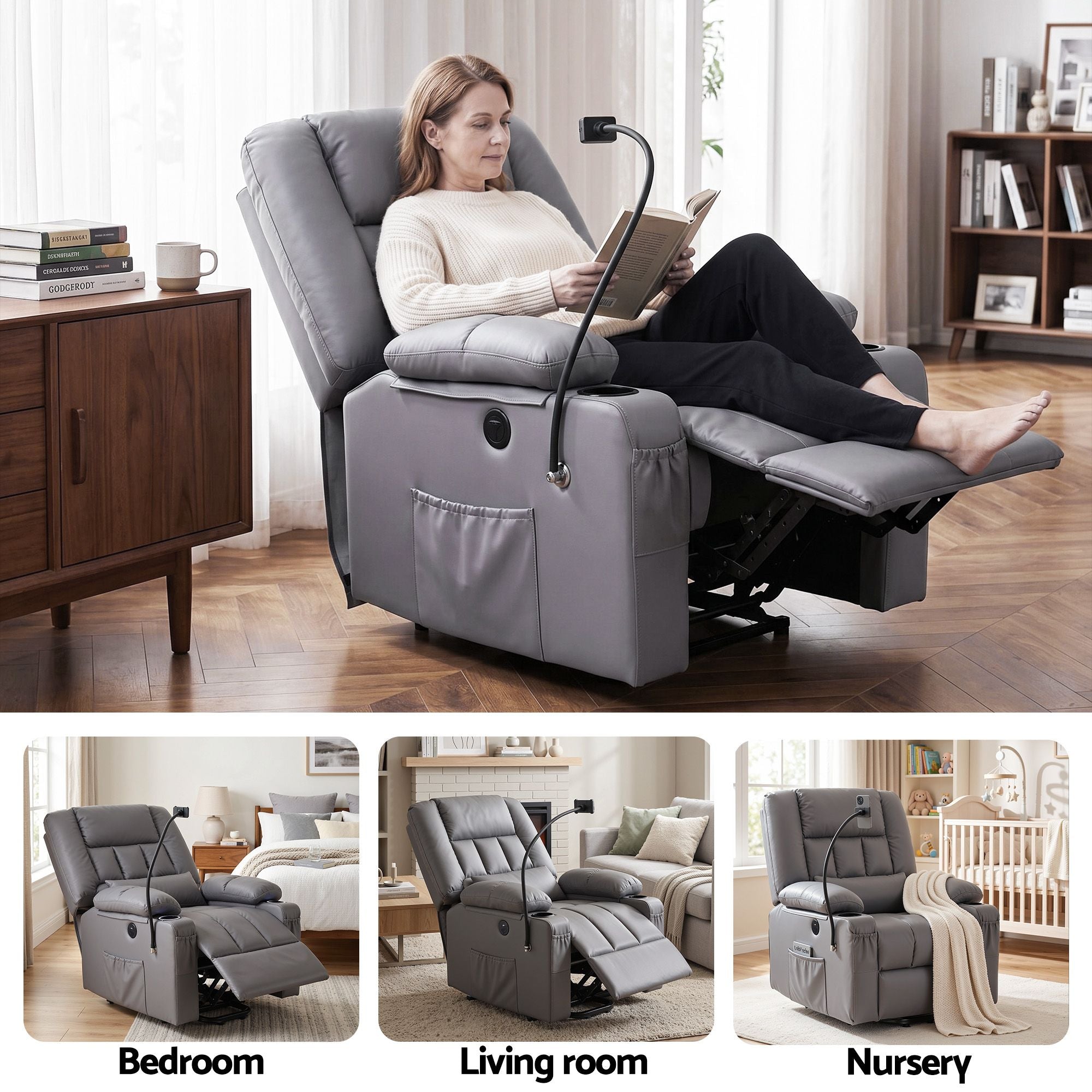 Artiss Power Lift Recliner Chair with Massage and Heat for Elderly, Electric Sofa Reclining Chair with USB and Phone Holder, PU Leather Comfy Armchair for Living Room, 2 Cup Holder & 4 Pockets, Grey - Homecoze