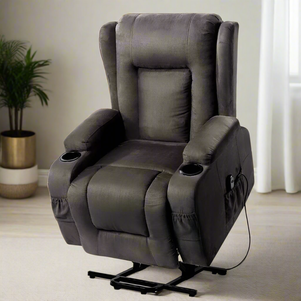 Electric Lift-Assist Velvet Recliner Chair - Brown/Grey