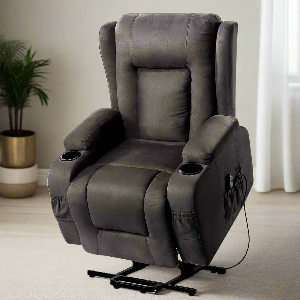 Electric Lift-Assist Velvet Recliner Chair - Brown/Grey - Homecoze
