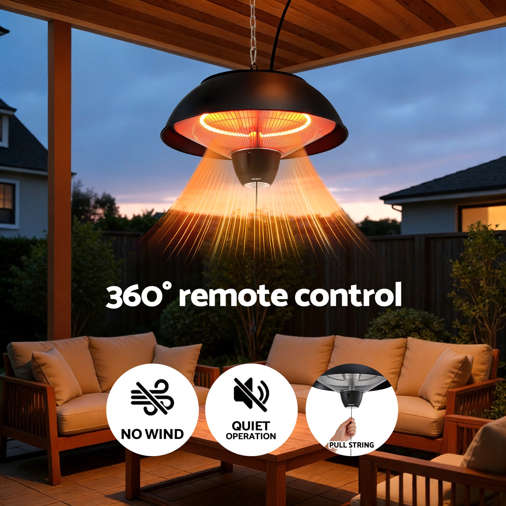 Devanti 1500W Electric Patio Infrared Heater Hanging Heaters Ceiling Mounted Remote - Homecoze