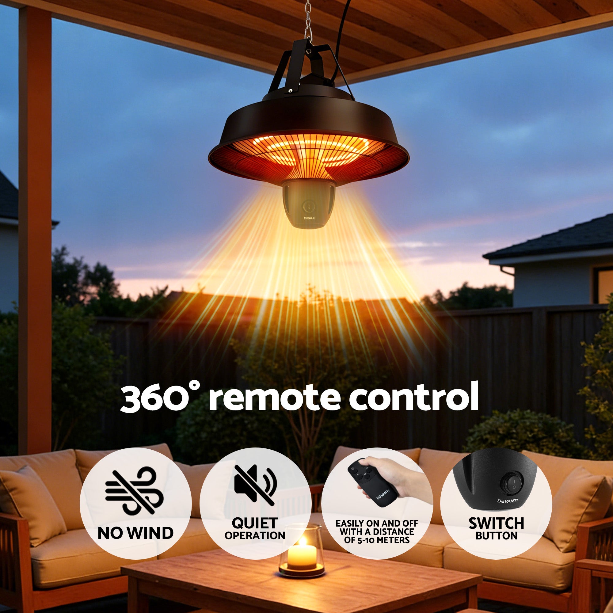 Devanti 2000W Electric Patio Heater Ceiling Mounted Hanging Heaters Remote - Homecoze