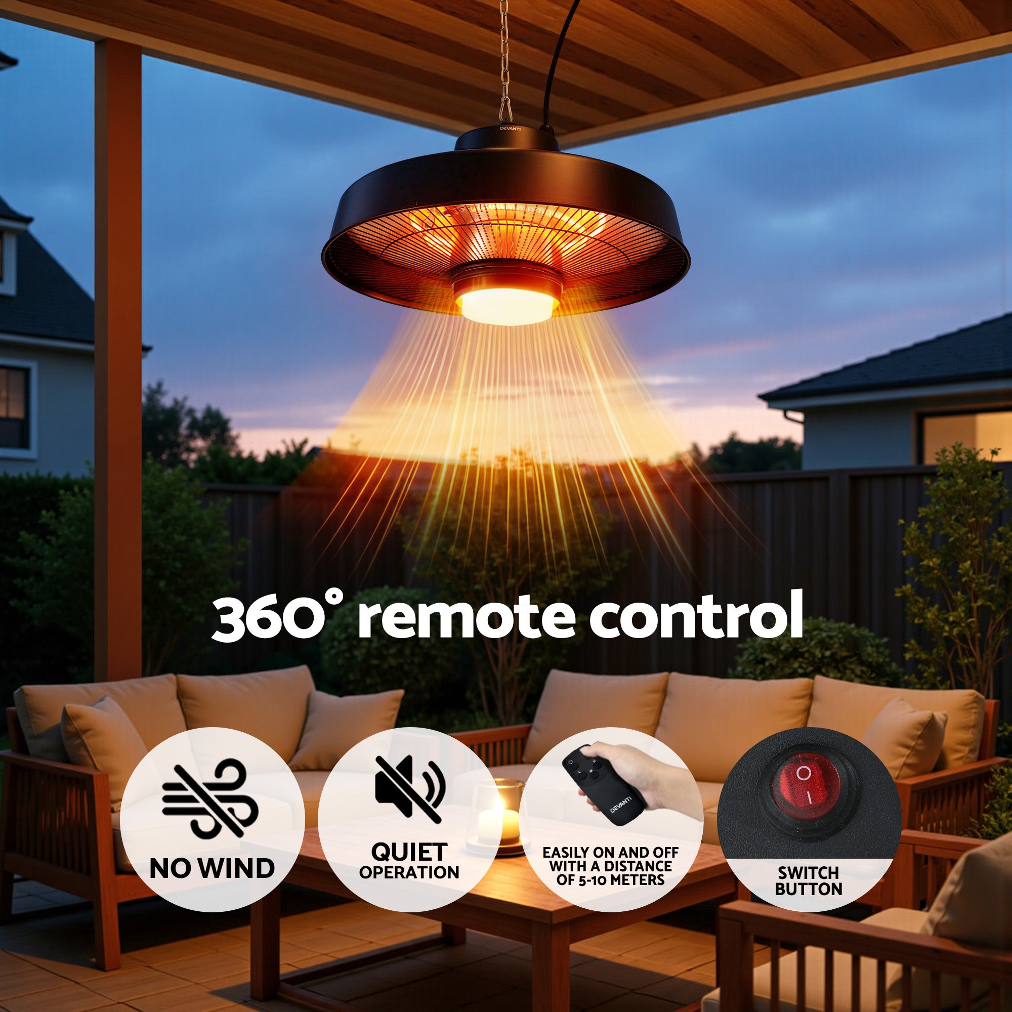 Devanti 2000W Outdoor Electric Patio Heater Ceiling Mount with LED Light Remote - Homecoze