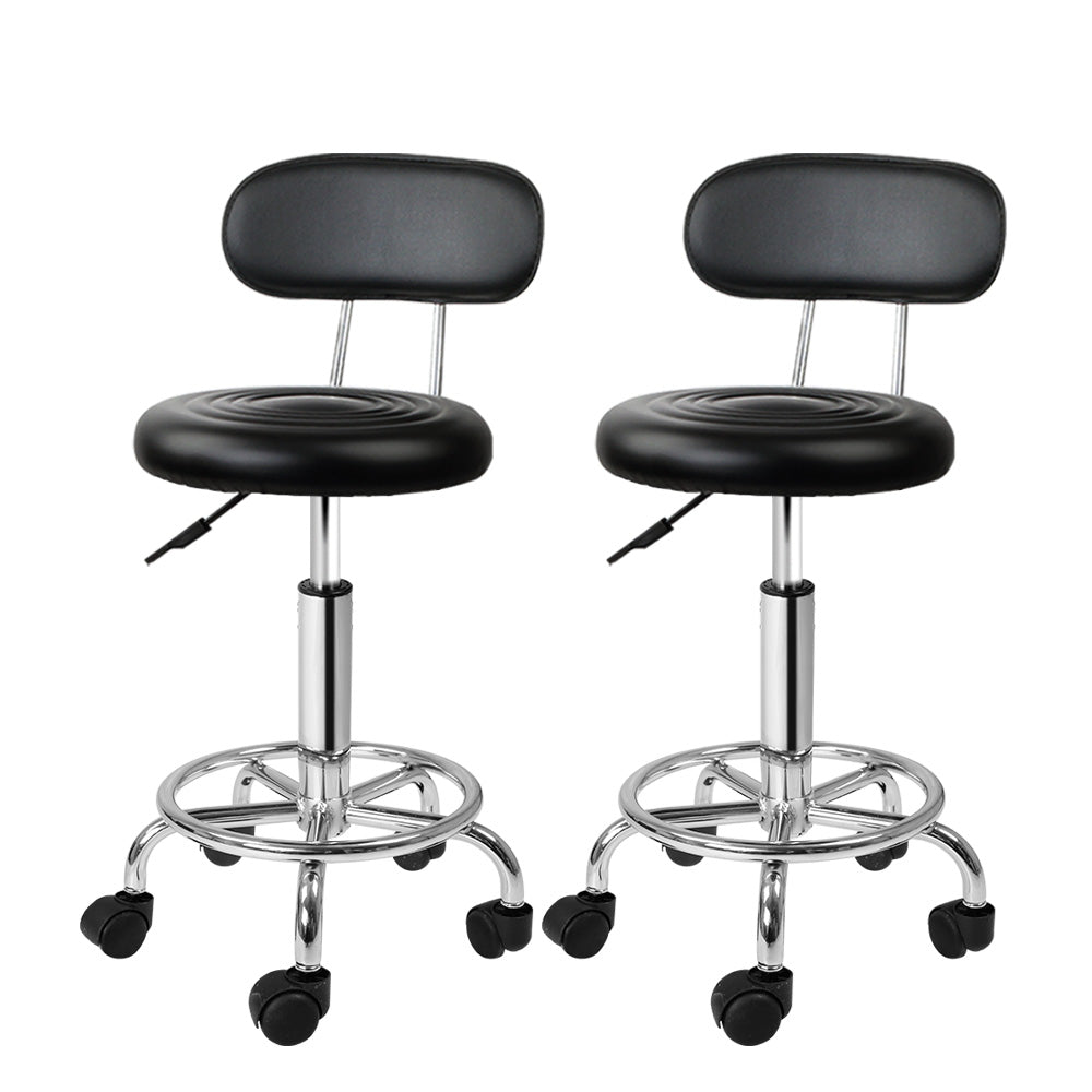 Set of 2 Round Salon Stools with Backrest PU Leather Swivel Hydraulic Lift Chair - Black - Homecoze