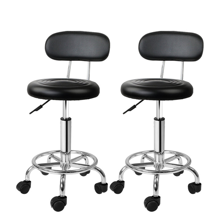 Set of 2 Round Salon Stools with Backrest PU Leather Swivel Hydraulic Lift Chair - Black - Homecoze