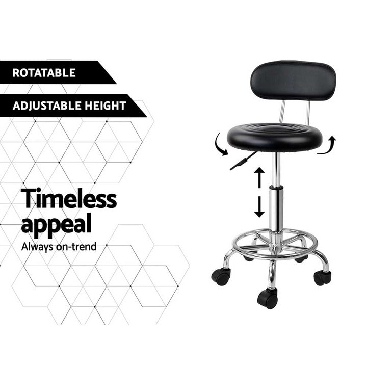 Set of 2 Round Salon Stools with Backrest PU Leather Swivel Hydraulic Lift Chair - Black - Homecoze