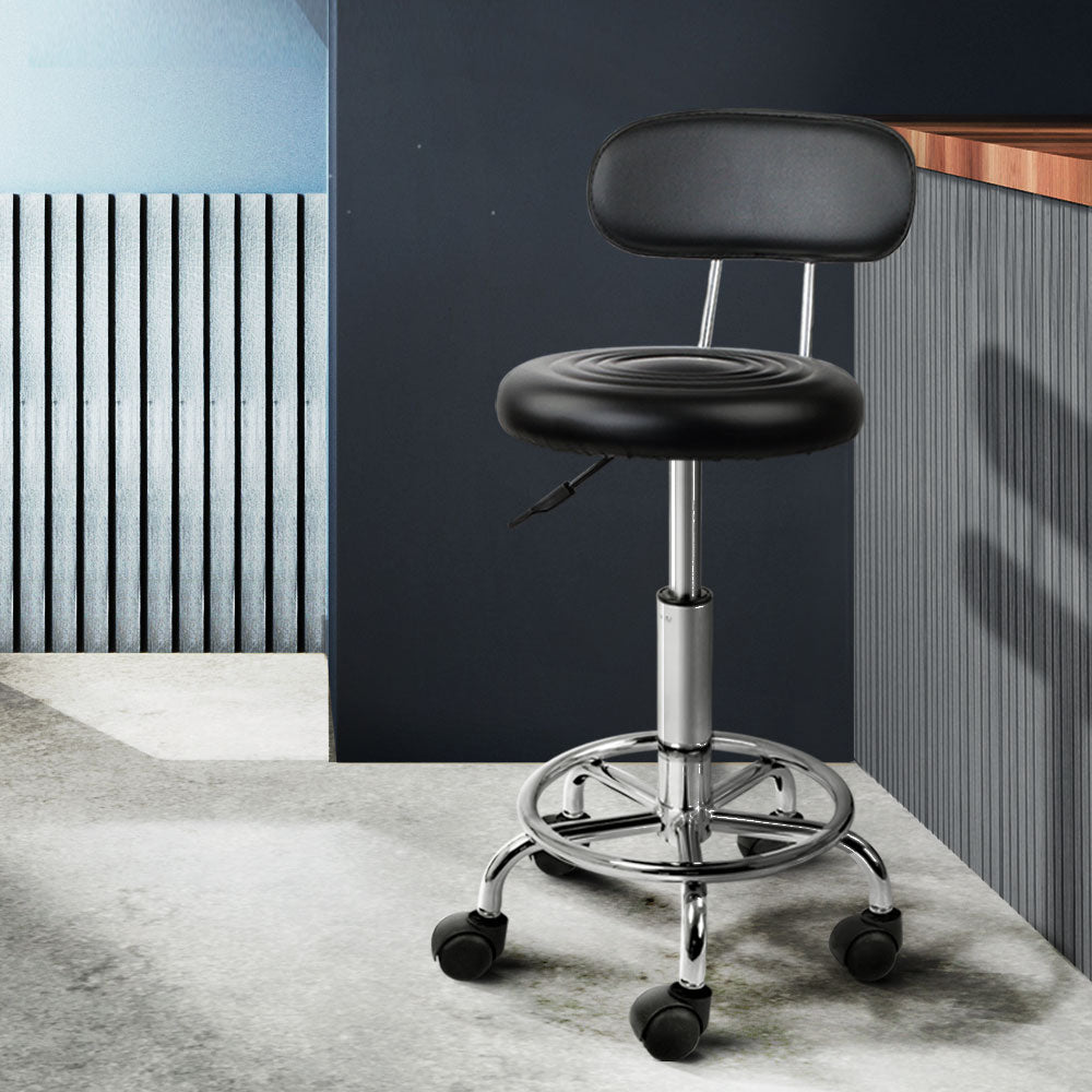 Set of 2 Round Salon Stools with Backrest PU Leather Swivel Hydraulic Lift Chair - Black - Homecoze