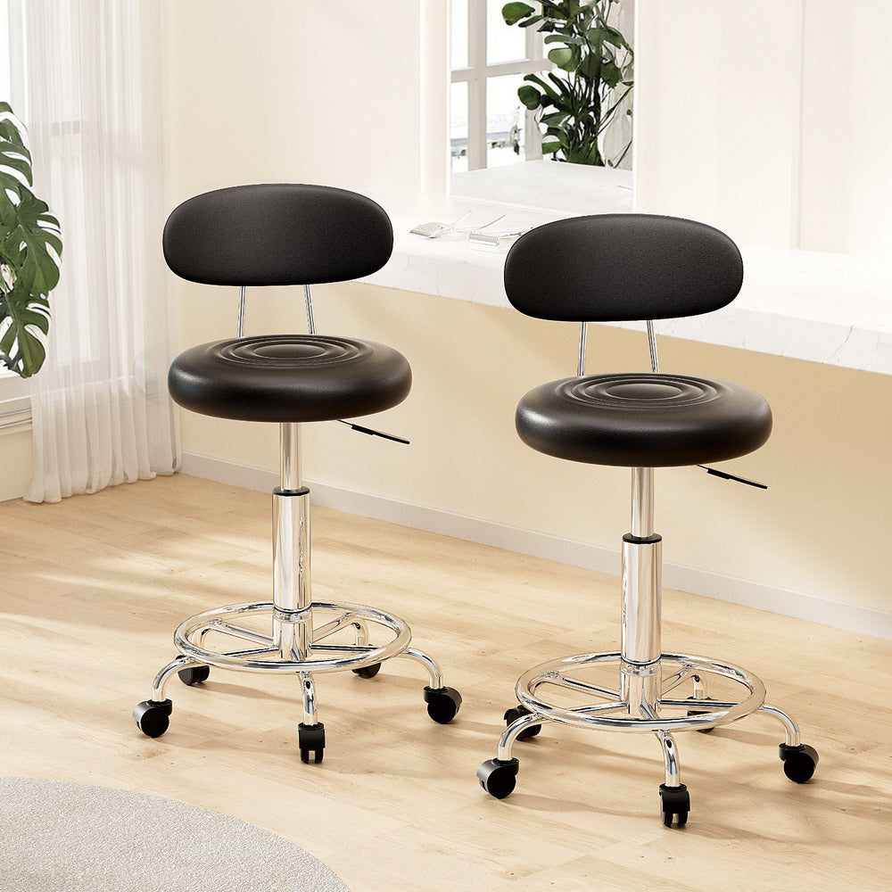Set of 2 Round Salon Stools with Backrest PU Leather Swivel Hydraulic Lift Chair - Black - Homecoze